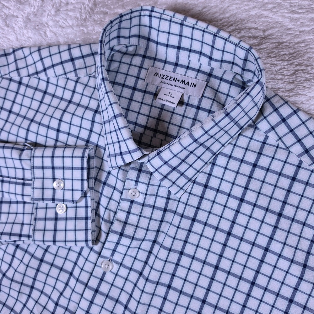 Mizzen+Main Performance Mens XL Trim Tall White Navy Grid L/S LEES2042002